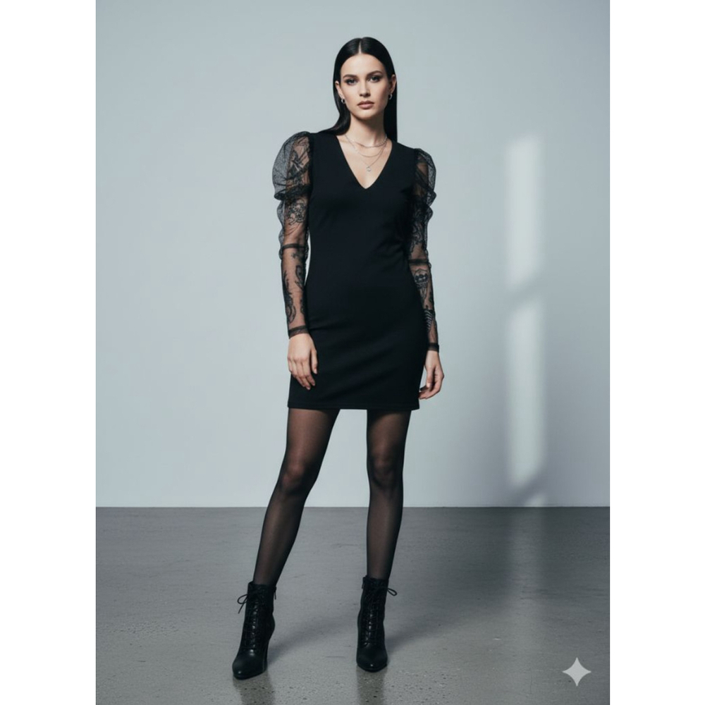 Daylight Black Little Dress Mini v neck mesh see through mesh long sleeves XS